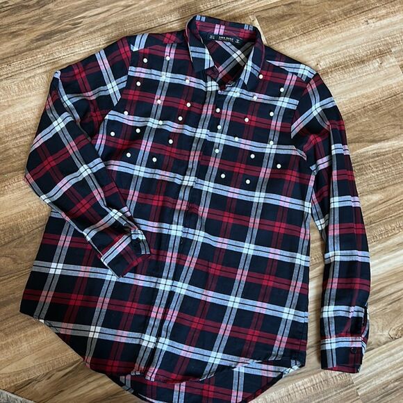 Zara Plaid Button Down With Pearls - Picture 2 of 4